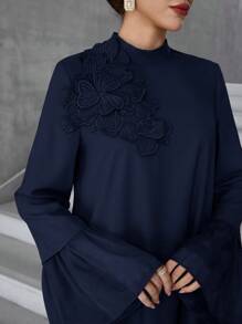 Al Najma Women's Floral Embellished Flare Sleeve Elegant Arabic Style Dress, Arabian Dresses,Modest - Navy Blue - View 8