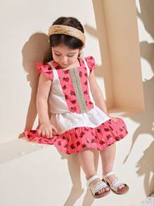 SHEIN Babygirl 夏季可爱花卉印花盖袖上衣和松紧腰迷你裙套装 - 彩色 - 查看 1