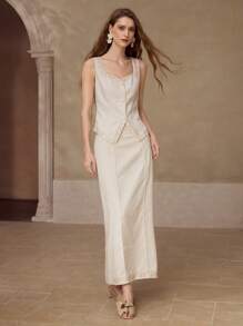 MOTF PREMIUM LINEN FLORAL EMBROIDERY SKIRT - Apricot - View 6