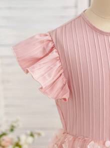 SHEIN Glamorique Kids Girls' Princess Dress With 3D Floral Textured Fabric And Tiered Mesh Cap Sleeves Pretty Dress For Girl Toddler Dress For Wedding Tween Girls Flower Dress Young Girls Floral Dress Rose Dresses For Girls Party Dresses For Kids Birthday Dresses For Girls Flower Party Dress For Girls