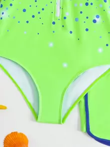 SHEIN 1pc Girls Big Tween Girl One-Piece Swimsuit With Shorts, Color Blocking Design, Pink And Blue Polka Dot Shiny Print, Sweet And Fashionable Minimalist Design, Summer Swimwear
