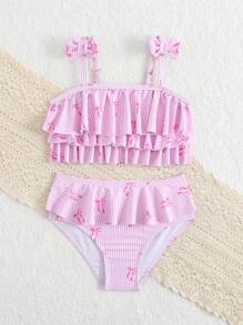 Conjunto de traje de baño para niñas con estampado de moños y volantes, color rosa