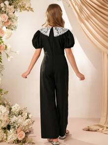 SHEIN Tween Girl 休闲可爱女孩荷叶边小飞侠领泡泡袖连体裤 - 黑色 - 查看 2