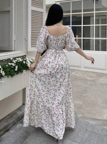 Feyla 女士碎花荷叶边袖连衣裙，适合度假 - 白色 - 查看 2