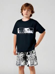 SHEIN Leap Crew Bộ đồ ngủ rộng rãi phong cách hoạt hình cổ tròn tay ngắn cho bé trai tuổi mới lớn, 2 món - Đen và trắng - Xem 6