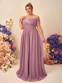 SHEIN Belle 大码优雅浪漫粉色露肩荷叶边 A 字形雪纺长款伴娘礼服 - 粉色 - 查看 3