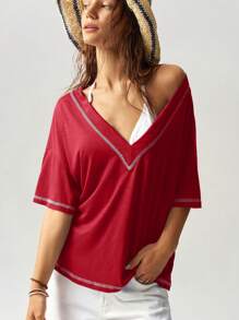 Bohemela Solid Color V-Neck Short Sleeve Loose Casual T-Shirt For Women