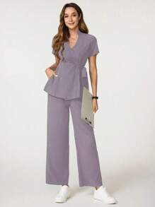 TaskEZ 女士 2 件套纯色 V 领短袖衬衫和裤子/护理手术服 - 紫色 - 查看 3