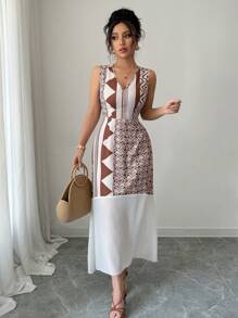 Calvaya Vestido sin mangas elegante con estampado y empalmado para mujeres
