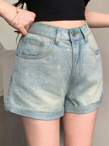 DAZY 女士夏季做旧破洞口袋设计铆钉下摆休闲牛仔短裤亮片 - 淺色水洗藍 - 查看 3