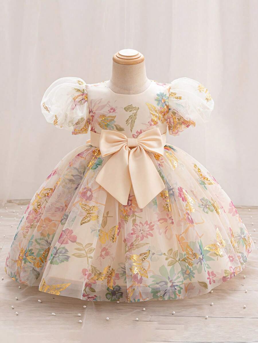 Cute Baby Girl Elegant Butterfly Pattern Organza Short Sleeve Dress, Summer