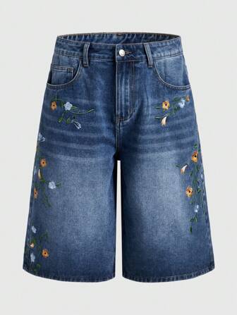 Street Life Herren Denim-Bermuda-Shorts mit Blumenstickerei in der Tasche, Lässig