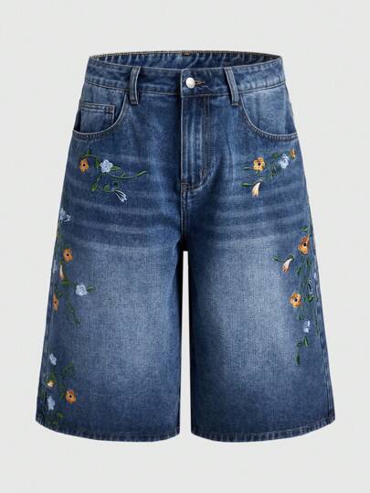 Street Life Short bermuda en jean casual pour homme, avec broderie florale sur la poche