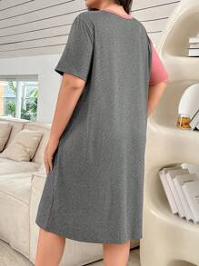 SHEIN 大码拼色字母印花休闲短袖T恤睡袍，Moo Moo 睡裙