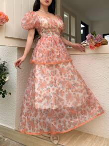 Modelyn Women Long Dress With Short Sleeve, Simple And Fashionable, Suitable For Summer - Apricot - View 5