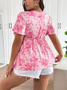 SHEIN Frenchy 大码粉色扎染扎染印花褶皱胸围设计 T 恤，时尚休闲性感可爱套头衫，百搭日常穿着