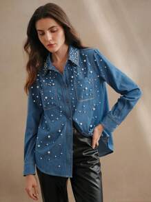 Anewsta Women's Elegant & Refined Pearl Embellished T-Shirt Blouse - Baby Blue - View 7