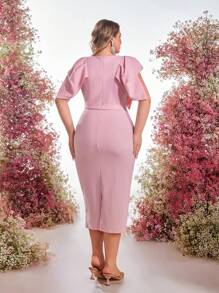 SHEIN Belle 大码优雅简约粉色花瓣袖束腰水晶扣合腰中长款鸡尾酒会礼服、派对礼服、婚礼宾客礼服 - 粉色 - 查看 6