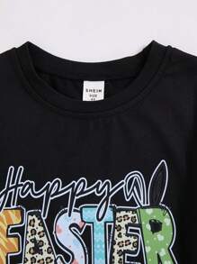 Young Boy Black Easter Letter Graphic Round Neck Short Sleeve T-Shirt, For Gifts - Black - View 4
