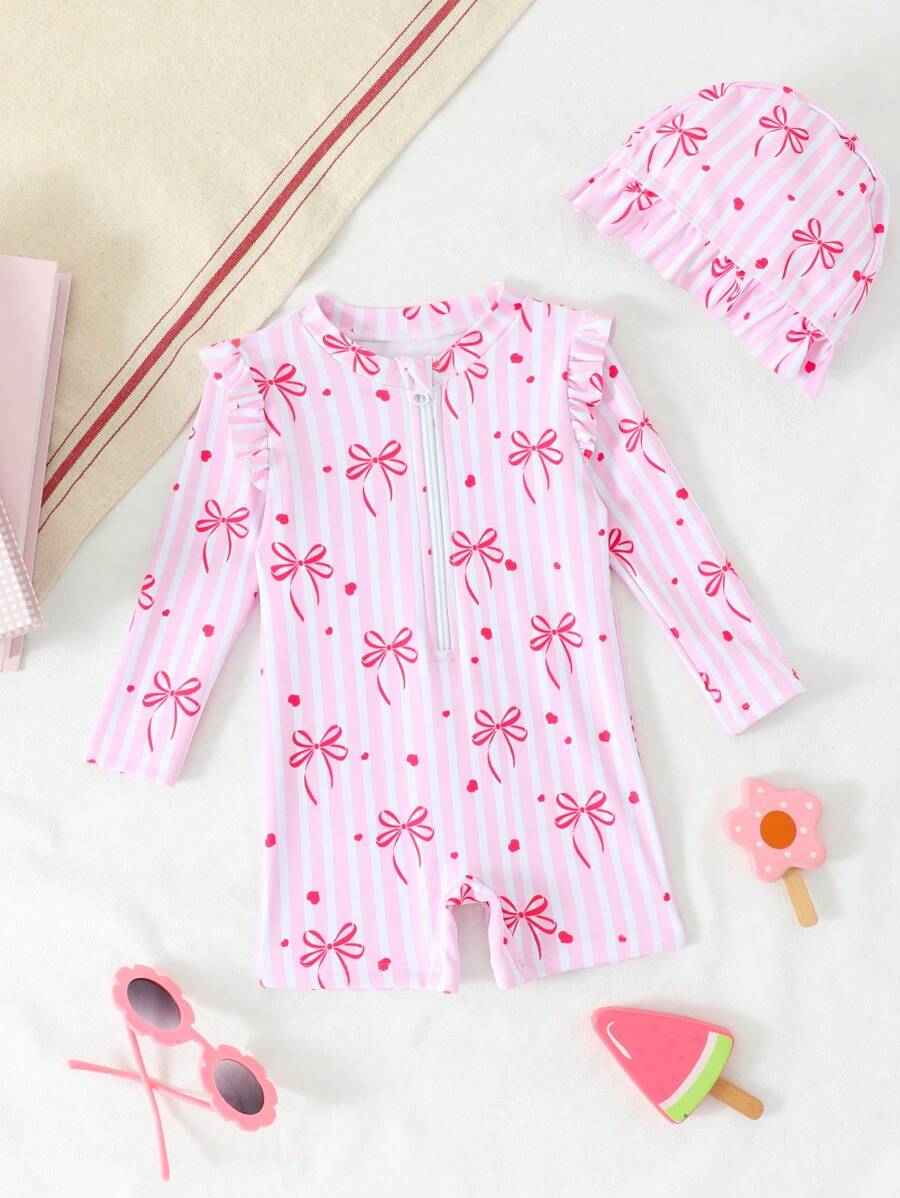 Baby Girl Pink Striped One Piece Swimsuit With Shorts & Hat, Adorable Bow Decor - Pink - View 1