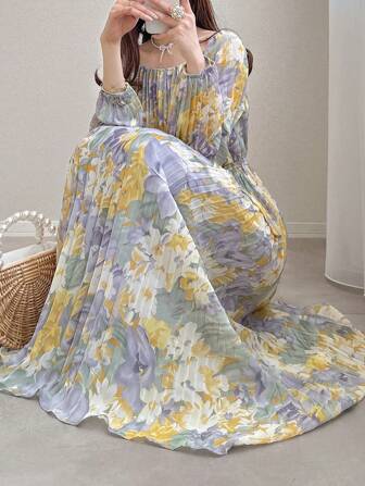 FRIFUL Women's Long Ditsy Floral Lantern Sleeve Square Neck Drop Shoulder Dress, Suitable For Valentine's Day Dates, Spring Sundress,Fall Dress Long Sleeve Dress