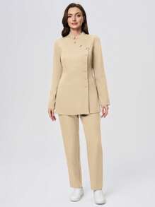 Scrubzie Bộ 2 sản phẩm/Bộ quần áo đồng phục y tá/áo cổ đứng chống nhăn dài tay/cho nữ - Màu be - Xem 8