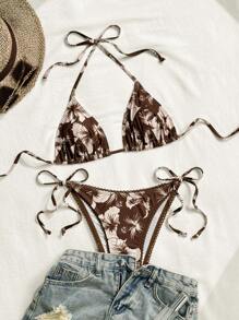 SHEIN Swim Set Baju Renang Wanita Ukuran Standar 2 Potong Motif Tropis Atasan Segitiga Halter & Bawahan Ikat Samping untuk Liburan Pantai Musim Panas - MultiWarna - View 3