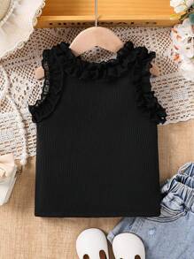 SHEIN Elladie kids Girls' Fashionable Ruffle Hem Tank Top, Summer - Black - View 2