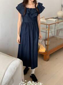 DAZY New Spring Style Vintage Distressed Women Denim Dress, Summer,Ruffle - Blue - View 6