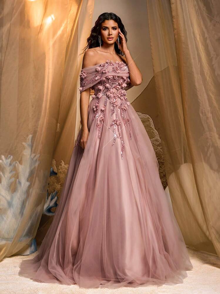 Glamrae فستان ماكسي فاخر مطرز ثلاثي الأبعاد بالزهور على شبكة متباينة من التطريز، مناسب للزفاف وحفلات الزفاف والحفلات والأعياد والعطلات، فستان سهرة رسمي - وردي مغبر - مشاهدة 7