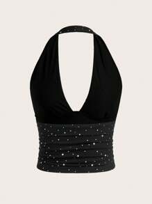 Muchica Sparkling Mesh Fabric Backless Cropped Halter Top - Black - View 2