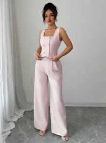 Elenzga Conjunto de 2 piezas elegante de chaleco de doble botonadura a cuadros y pantalones para mujer - Rosa - Ver 6