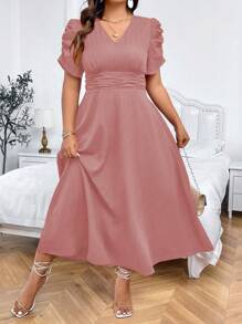 Celure Plus Size Women's Summer Solid Color V-Neck Short Sleeve Bubble Hem Long Elegant Dress With Waist Pleats, For Christmas Maxi Women Outfit