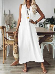 Breezaya 女士 V 领无袖纯色休闲宽松舒适连衣裙长款女装 - 白色 - 查看 5