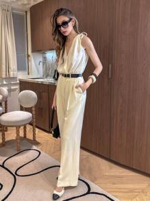 Chiquease 女式休闲性感 V 领吊带背心紧身衣 - 卡其色 - 查看 4