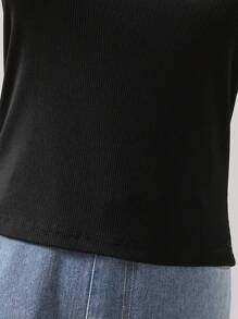 Sparklyn Camisetas de manga corta y cuello redondo ajustadas con ribete de encaje para niñas preadolescentes, estilo dulce y elegante de señorita - Negro - Ver 4