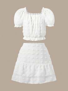 SHEIN 2pcs/Set: Teen Girls Fluffy Texture Cropped Top + High Waisted Midi Skirt Suit Elegant For Teen Girl Bridesmaids, Flower Girls, Formal Occasions - White - View 3