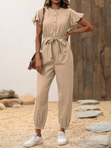 Breezaya Women's Solid Color Ruffle Short Sleeve Single-Breasted Shirt Jumpsuit