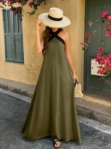 Selianne Vestido midi sin tirantes en blanco y negro de tejido - Verde militar - Ver 3