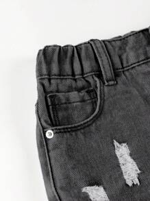 SHEIN Young Girl' Casual Versatile Wide Leg Loose Ripped Cuffed Denim Shorts - Black - View 3