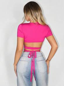 Zolique 女士时尚紫红色 V 领系带短款 T 恤，夏季