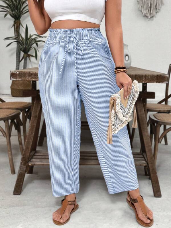 SHEIN VCAY Plus Size Vacation & White Striped Ruffle Waist Straight Leg Ninth Pants, Casual Holiday Boho Trousers