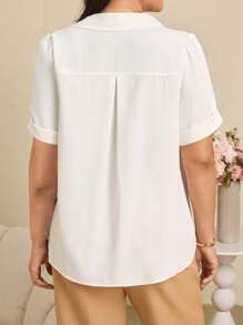 EMERY ROSE Plus Size Short Sleeve Plain Shirt, Minimalist & Fashionable, Suitable For Summer, Vacation Woman , Boho - White - View 2