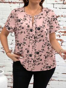 SHEIN Clasi Plus Size Casual Floral Allover Print Short Sleeve Shirt