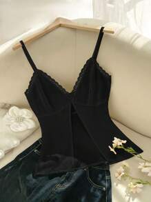 SHEIN VCAY 女士无袖纯色撞色蕾丝高开叉下摆时尚吊带背心 - 黑色 - 查看 5