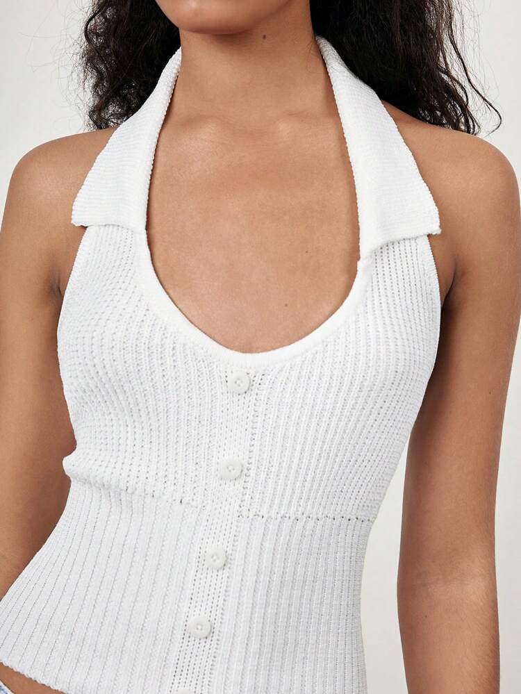 SHEIN Maija 2025 Summer New Arrival Collared Halter Crochet Linen-Like Music Festival Beach Vacation Casual Romantic Urban Vacation Suitable For Outings, Gatherings, Weddings, Graduate Guests, Vintage Style Women Sleeveless Top