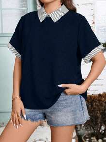 SHEIN LUNE Plus Contrast Striped Collar Blouse, For Summer - Blue - View 3