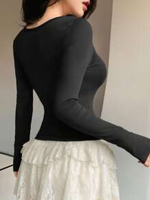 DAZY 女士蕾丝拼布蝴蝶结领长袖修身高领 T 恤 - 黑色 - 查看 6