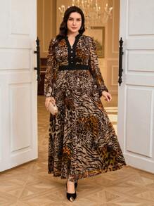 Modelyn Women's Plus Size Elegant Leopard & Zebra Print V-Neck Lantern Sleeve Dress - Brown - View 1