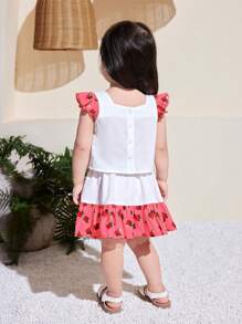 SHEIN Babygirl 夏季可爱花卉印花盖袖上衣和松紧腰迷你裙套装 - 彩色 - 查看 2